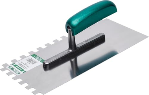 STALCO ZAHNKELLE 6x6mm Zahnspachtel 280x130 mm Glättekelle gezant Putzkelle Fliesenkelle Kelle NEU - mit Zahnung & Holzgriff, für Fliesenkleber, Putz & Mörtel - Made in EU (10 x 10 mm)