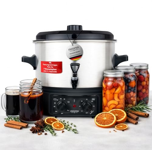 Stagecaptain GWK-16A Glühweinkocher - Einkochautomat mit 16 Liter - 2000 Watt - Gebürsteter Edelstahl - Einfache Bedienung (Temperatur und Zeitschaltuhr) - Abschaltautomatik - Silber