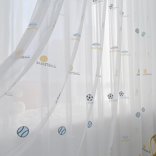 Kindergardinen Junge Fußball Transparent Vorhang Kräuselband Kinderzimmer | Vorhänge Durchsichtig Fussball Jungen Kindervorhang Kinder Dekoschal für Fenster Schlafzimmer 2 Stück 140x175