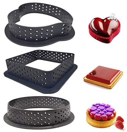 3 Stück Tarte Ring, Kunststoff Perforiert Schimmel Küchen, Torten Backform, Hitzebeständig gelocht Kunststoff Schneidring Backen Ring Kit für Törtchen, Schokolade, 3 Formen(Kreis, Quadrat, Herzform)