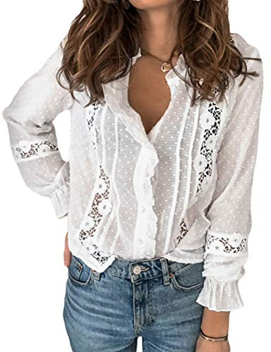 Minetom Camicia Donna Elegante Manica Lunga Blusa Vintage Maglietta Camicie in Pizzo Tinta Unita Slim Scollo a V Bottoni Shirt Top C Bianco XXL