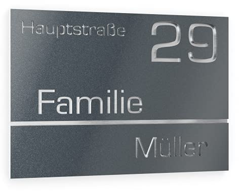 Graviers Design Hausnummer aus V2A Edelstahl 215x150mm - Anthrazit Metallic - Wetterfest Rostfrei Individuell anpassbar Straße Nummer Familienname - Made in Germany