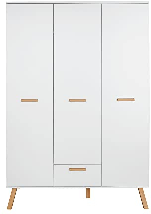 trendteam smart living - Mats - Wardrobe - Weiß - Kleiderschrank mit 3 Türen, 1 Schublade, 2 Kleiderstangen - (BxHxT) 130 x 190 x 60 cm - mit lackierten Massivholzfüßen und Griffen