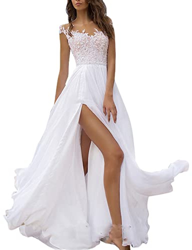 Brautkleid Hochzeitskleid A-Linie Stickerei Damen Lang Hochzeitskleider Spitze Brautmode Rückenfrei Vintage A Linie Brautkleid Abendkleider,Weiß,L
