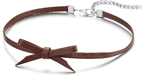 COOLSTEELANDBEYOND Braun Leder Schleife Choker Halsketten Halskette für Damen Anhänger