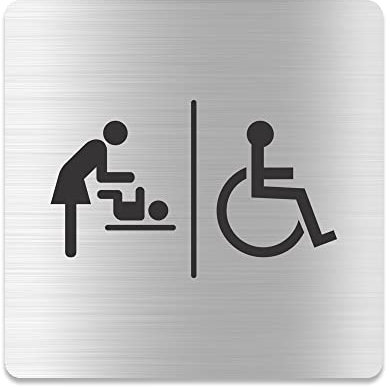 Blacked LaserTEC Leitsysteme - Acryl Schild - Eckig 12 x 12 cm - Selbstklebend - Silber gebürstet - Metall-Optik - UV beständig - Für Innen und Außen (WC Rollstuhl-Wickelraum-Kombination)