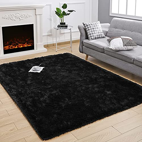 MARATIP Tappeto Peloso Soggiorno Tappeti per Grandi Dimensioni Salotto Moderno cameretta Bimba tappeti,Tappeto morbido e soffice per la camera da letto(Nero,80 x 150 cm)