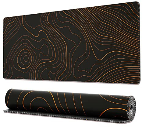Ovenbird Large Gaming Mouse Pad with Stitched Edges, Topographic Map Desk Mat, Extended XL Mousepad with Anti-Slip Base, Cool Desk Pad for Keyboard and Mouse, 31.5 x 11.8 in, Black and Orange