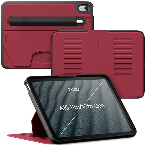 ZUGU CASE iPad (A16) 11/10 Generation Case 10.9-tums 2025/2022 fodral - Slimmat skyddshölje - Apple Pencil Ficka - Bekväm 8-vinkels Magnetic Stativ Skal - automatisk vila/väckning [Körsbärsröd]
