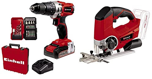 Einhell Power X-Change 44Nm Cordless Drill Driver with Battery and Charger & Power X-Change 18V Cordless Jigsaw with Angle Adjustment - Battery Powered Electric Saw to Cut Wood, Plastic and Metal