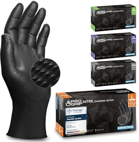 500x PROGRIP Guanti nitrile L Nero [Extra resistenti], Guanti monouso plastica, 2x più spessi, con finitura diamantata, Guanti in nitrile per industria e montaggio, guanti lavoro