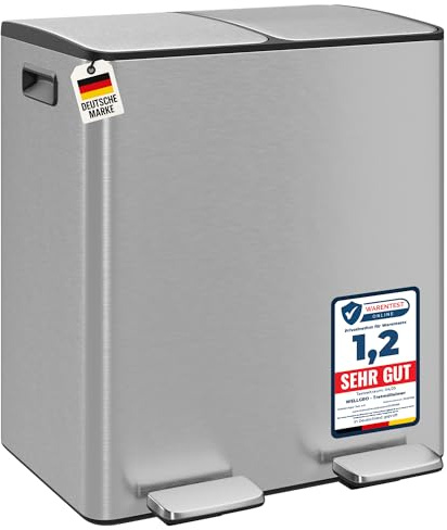 WELLGRO Treteimer, Mülleimer, Edelstahl Tretmülleimer mit 2 x 20 Liter, klappbaren Fußpedalen, Absenkautomatik und praktischen Tragegriffen, Farbe:Silber