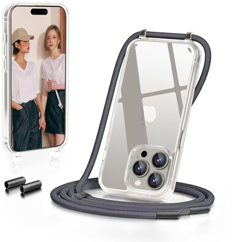 GOODVISH Handykette für iPhone 15 Pro Hülle mit Band | Kameraschutz und Bildschirmschutz | |Necklace Handyhülle mit Schnur Schutzhülle für zum Umhängen |Transparent Case mit Kordel, Dunkelgrau