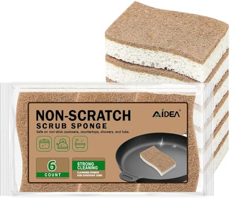 AIDEA Sponges Non Scratch, 6Count, Natural Sponge for Non Stick Cookware, Sponges Kitchen, Cellulose Scrub Sponge for Dishes, Cleaning Power for Kitchen, Bathroom, Household