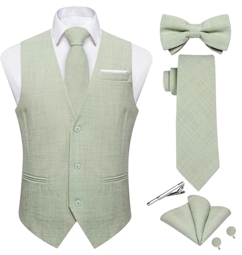 DiBanGu Mens Linen Suit Vest Casual Waistcoat and Necktie & Pre-tied Bowtie Set 6PCS Solid Color Dress Vest for Wedding Party, Sage Green, 3X-Large
