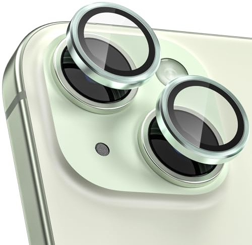 CloudValley Protection Objectif Caméra Arrière pour iPhone 15 6,1 Pouces & iPhone 15 Plus 6,7 Pouces, Accessoire Verre Trempé Anti-rayures Ultra Résistant Individuel Film, Vert
