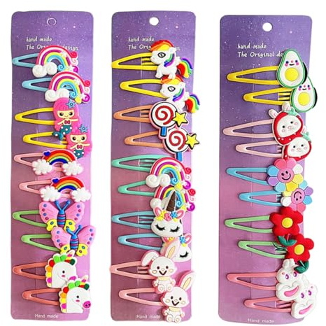 süße Haarspangen, 30 Stück Haarspangen Set, Haarschmuck Mädchenschmuck mit süßen Motiven, modische Haar-Accessoires für Mädchen, Mehrfarbig, Avocado, Regenbogen, Einhorn