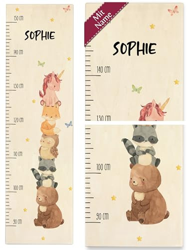 Messlatte Kind Holz - Tiere - Kindermesslatte Waldtiere I Bär I Waschbär I Eule I Fuchs I Einhorn Geschenk Kinder - 90-150 cm - Holz - 160 tier meßlatte größe eichhörnchen metermaß mädchen