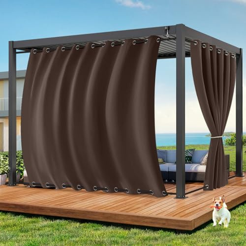 Qelus Outdoor Vorhang Wetterfest B254xH213CM, Wasserdicht Outdoorvorhänge mit Ösen, Aussen Gardinen Winddicht Sonnenschutz Sichtschutz für Garten Terrasse Balkon Pergola Pavillon (Schokoladenbraun)