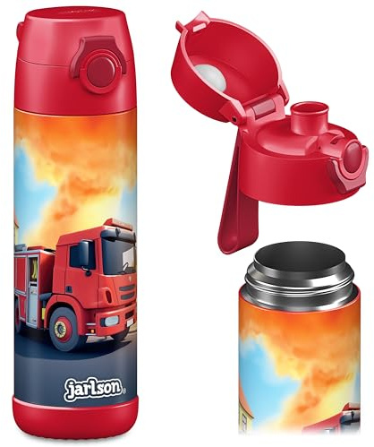 Jarlson® Trinkflasche Kinder Edelstahl MALI [THERMOSFLASCHE] - Kindertrinkflasche Auslaufsicher - Thermoskanne Kohlensäure geeignet - Trink Flasche für Schule & Kindergarten (500ml, Feuerwehr Rot)