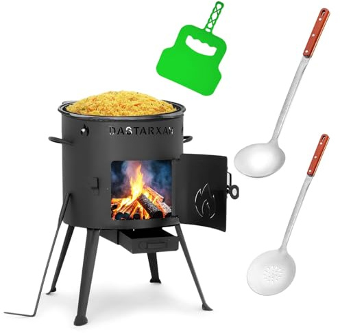 Ø36cm Uchag 2mm stahl Utschak Feuerstelle Utschag Campingofen 10L Kazan WOK Kasan (Runder boden) Feldküche Außenküche Eintopfofen mit Schaumkelle Suppenkelle Grillfächer