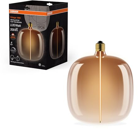Osram Vintage 1906 Big Oval ist eine dimmbare, dekorative Lampe mit LED-Glüwendel-Magnet-Technologie. Sie bietet 4.8 W, 1800K, E27 Fassung, Tea Brown Design, 187 mm Durchmesser, CRI 80.