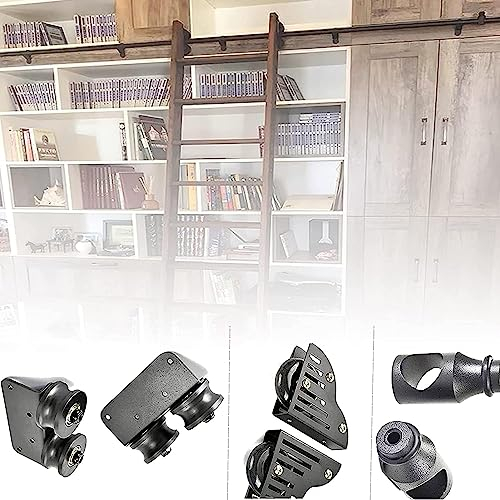 Schiebe-Scheunentor-Hardware-Kit – Mobile Leiterschiene – Bibliotheks-Rollleiter, komplettes Hardware-Set mit Bodenrollenrad, Rundrohr-Kohlenstoffstahl-Rutsche (Keine Leiter) (Größ