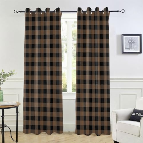 Tartan Coffee Brown Plaid Blackout Curtains for Bedroom & Living Room 84 inches Cafe Drapes for Sliding Glass Doors 1 Panel