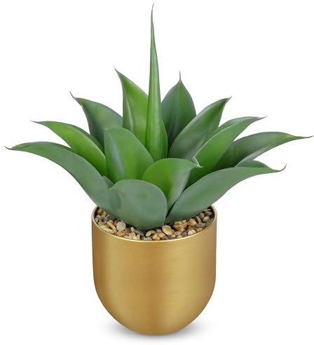 Arborus Planta de agave artificial de 33 cm de alto en maceta dorada realista de imitación suculenta en maceta de metal, plantas falsas decorativas de escritorio para decoración moderna del hogar