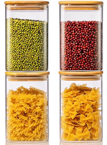 HomArtist Barattoli quadrati in vetro con coperchi in bambù, 1,2 l, confezione da 4 contenitori in vetro con coperchio, contenitori in vetro con coperchi ermetici, contenitori per alimenti in vetro