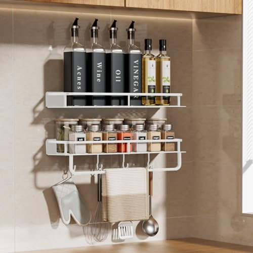 devesanter Gewürzregal Wand 2er Set 40 cm mit 4 Haken Gewürzregal Hängend Ohne Bohren Schranktür, zum Organizer für Gewürzdosen, Küchenschrank, Speisekammer Tür, Duschraum（Weiß）