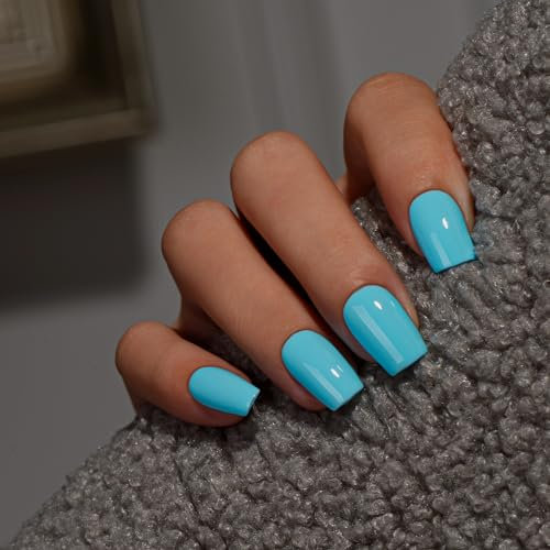KQueenest Light Blue Press on Nails Short Medium Square, Short False Nails with Glue, Glossy Solid Pastel Sky Blue Fake Nails Press ons, Coffin Reusable Soft Gel Stick on Nail for Women 28 Pcs