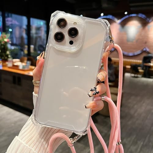 ADKOT Custodia con cordino e cinturino trasparente per iPhone 15 14 13 12 11 Pro Max Mini XS XR X 8 7 Plus SE Cover posteriore rigida, rosa, per iPhone 14Pro max