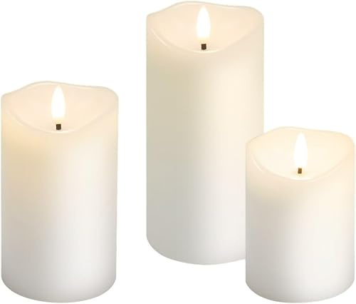 goobay Set di 3 candele LED con cera bianca vera, timer e stoppino 3D, luce calda (2700 K), decorative per soggiorno e sala da pranzo, a batteria, sicure e senza fiamma, 77779