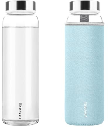 LOOFORE Glass Water Bottle 1L 1000ml, BPA-Free Leak Proof, 1 Litre Large Borosilicate Wide Mouth Glass Drinking Bottles with Protective Sleeves for Sports and Gym with Hot Cold Drinks