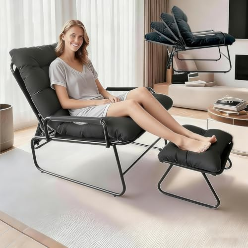 Balkonsessel, Sitzsessel mit Verstellbarer Rückenlehne, loungesessel Garten mit Hocker, Relaxliege Wohnzimmer, Outdoor Lounge Sessel, Relax Sesel für Wohnzimmer, Schlafzimmer, Büro (Dunkelgrau)