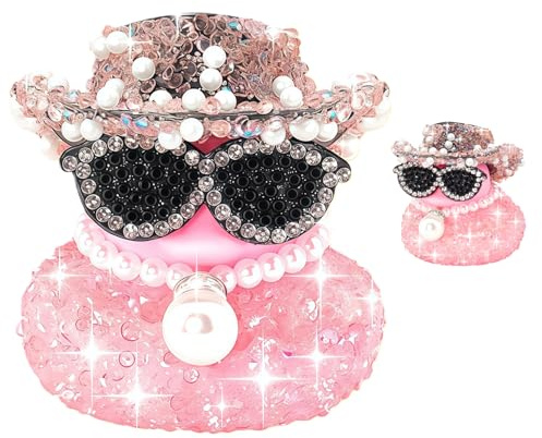 ZenithBurst Pink Diamond Quietscheente,Glitzer Gummiente Auto Deko, Badeente mit Cowboyhut, Brille & Perlenkette, Rubber Duck quietscht