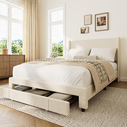Klippehop Bed Frame with Large Storage Drawer and Headboard, Upholstered Boucle Platform Bed, No Box Spring Needed (Beige, Double (190x135x106cm))
