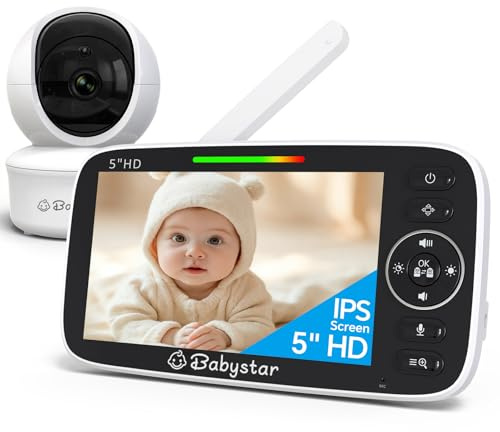 Babystar Babyphone con fotocamera da 5 pollici, 720P, video HD, senza Wi-Fi, con fotocamera e audio, funzione vox, sensore di temperatura, visione notturna, audio a 2 vie