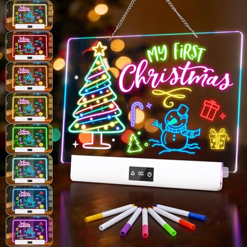 Rechargeable LED Drawing Board, 13.8 inches | 8 Colors & 4 Modes, LED Note Board with Build in Stand, Includes 7 Markers & 1 Hanging Chain, Great Gift for Children
