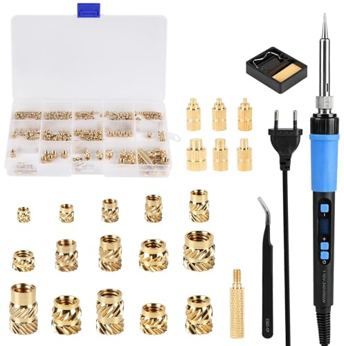 LALAGO 259 Pezzi Inserti Filettati Stampa 3D, Saldatore con Temperatura Regolabile Tramite LED con 250 Rivetti Filettato in Ottone da Fondere M2, M2.5, M3, M4, M5, M6, 1/4-20, 6 Ausili per la Fusione