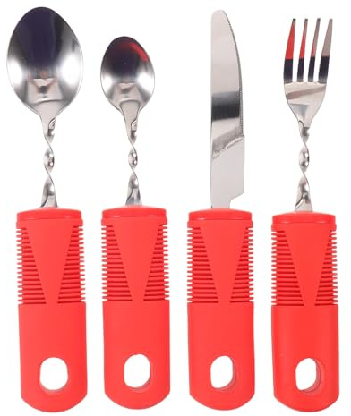 KICHOUSE Couverts Anti-tremblements pour Personnes Âgées Poignée Ergonomique Rouge, Acier Inoxydable et Plastique, Ensemble de 4 Pièces pour Usage à Domicile