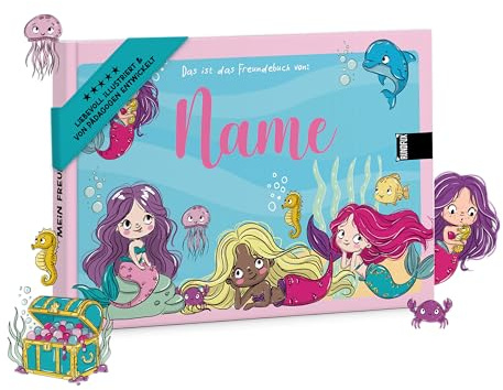 Rundfux Großes Freundebuch für Mädchen mit Meerjungfrauen & Feen | Personalisiert mit Wunschnamen - Jedes Buch ein Unikat | A5 Format | 20 Freunde | Hardcover | für Schule und Kindergarten