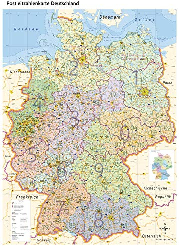GeoMetro XL Postleitzahlenkarte Deutschland mit Laminierung, DIN B0, 100 x 140 cm, beschreibbar, abwischbar, mit Bundesländer, inkl. Online-PLZ-Karte