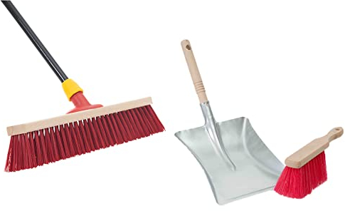 Novaliv Straßenbesen Set 40 cm I Besen Kehrblech und Handfeger Teleskopstiel I Elaston rot I mit Stiel ausziehbar I Industriebesen Kehrbesen Gartenbesen Hofbesen