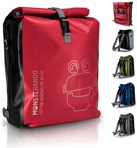 MONSTERANDO Bicycle Bag 3-in-1, Waterproof and Reflective with 14-Inch Laptop Compartment, Can be Used as Pannier Rack Bag, Shoulder Bag and Backpack, Ideal Pannier Rack Bag for Bicycle, 25 L, Red