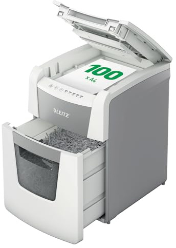 Leitz IQ Autofeed Small Office Aktenvernichter, 100 Blatt Papierstapel | Zeit sparen mit automatischem Einzug, Mikroschnitt P5, 34L Abfallbehälter, Leiser Betrieb für Büro, 80120000