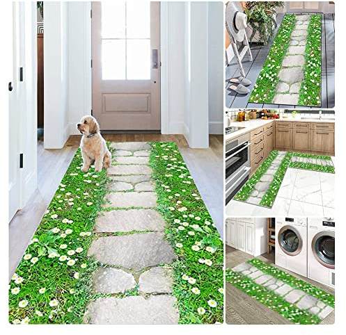 Siunwdiy Teppich Läufer Flur Green 100x200cm Küchenläufer Waschbar rutschfest Küchenteppich Grüner Gras Grüner Teppich Flur Läufer Meterware