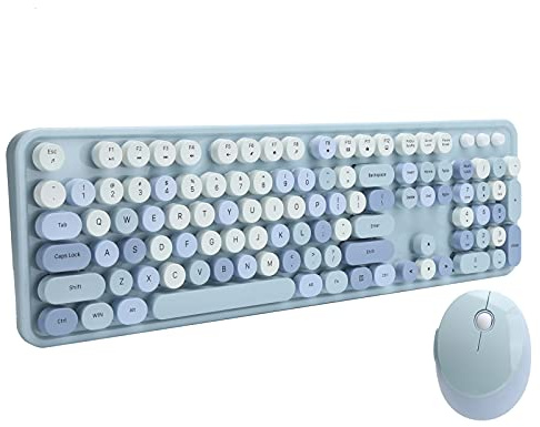 ciciglow Kabellose Tastatur und Maus-Kombination,Bunte Schreibmaschinentastatur mit Runder Taste und Nummernblock,USB Kawaii-Tastatur, Kompatibel mit Laptop/PC-Computer(Blaue Mischfarbe)
