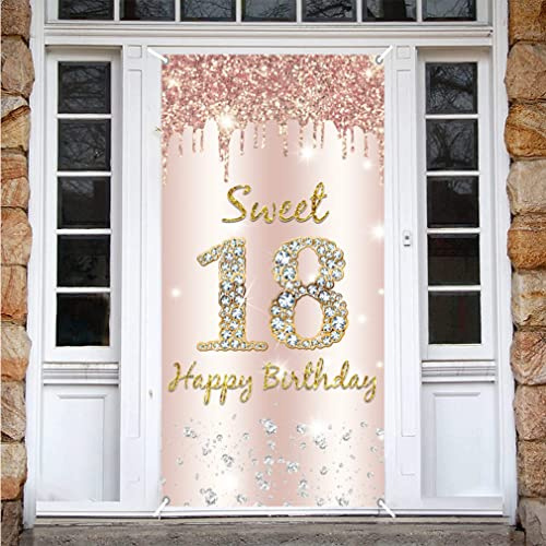Süßer 18. Geburtsta g Mädchen Deko, Sweet 18 Happy Birthday Roségold Door Banner, 18. Geburtstag Stoff Schild Plakat Türdekoration, 18. Geburtstag Hintergrund Banner Geburtstagsfeier Dekoration